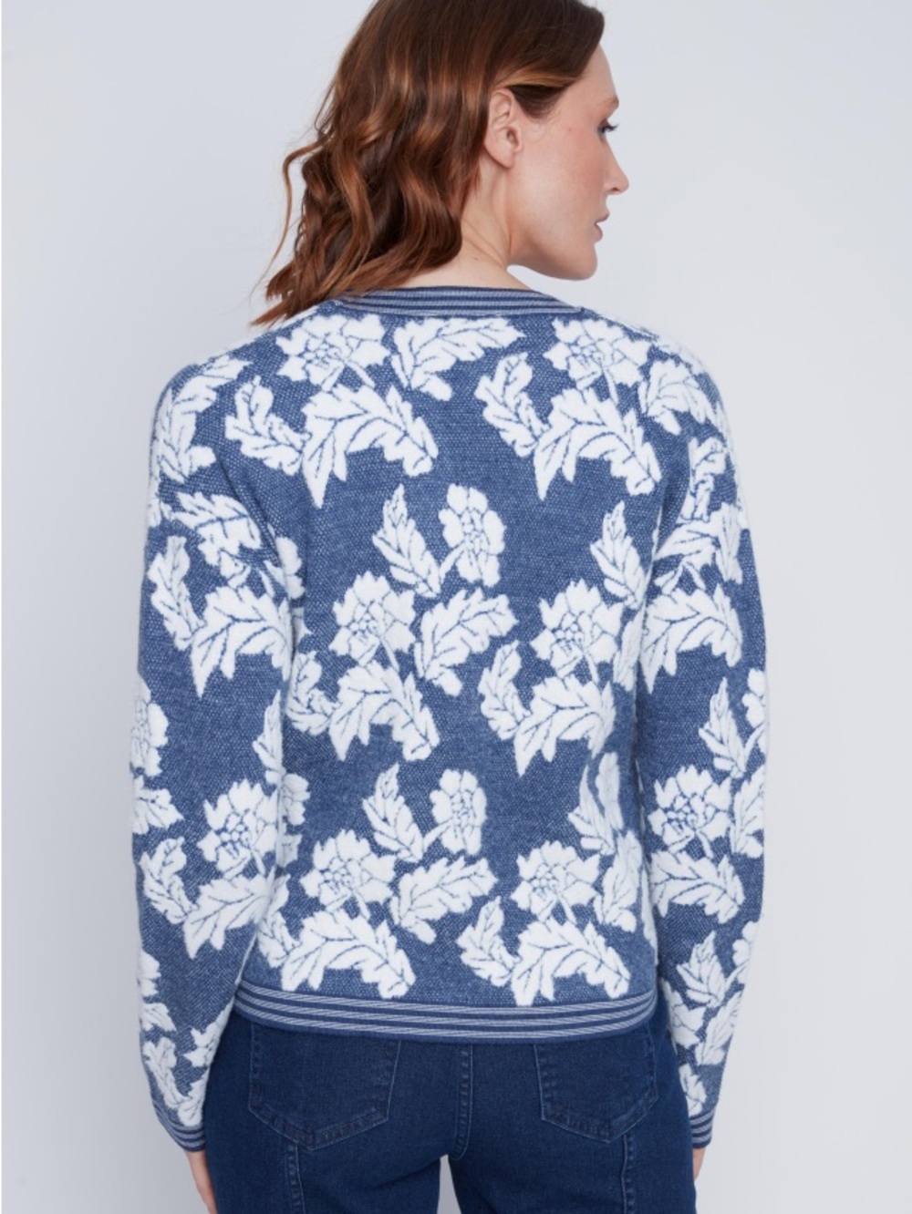 Coco Y Club Blue and White Floral V-Neck Cardigan with Pearl Buttons - Picture 3 of 7
